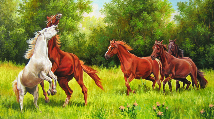 painting, flowers, nature, horses, stunner, trees, sky