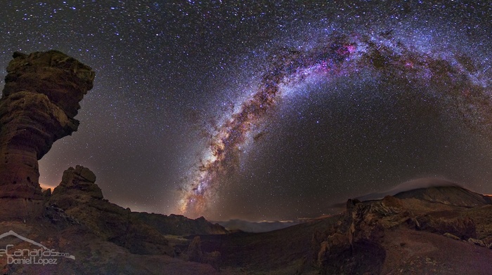 Milky Way, sky, landscape, rock formation, Canary Islands, night, stars, desert
