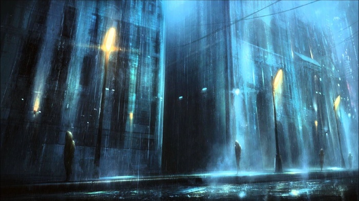 depressing, lantern, night, rain, street, dark