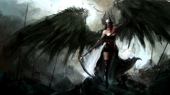 dark, helmet, scythe, wings, spear, Reapers, angel