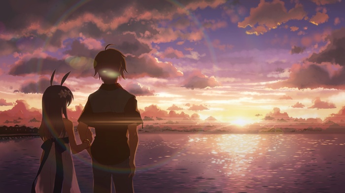 sunset, people, DJ Max, beach, anime