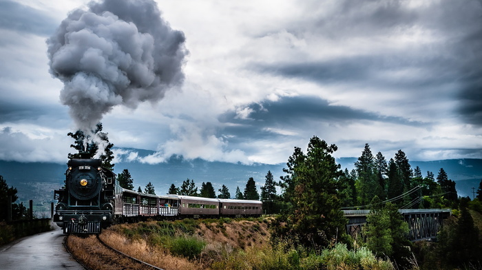 smoke, road, trees, greenery, sky, bridge, clouds, speed