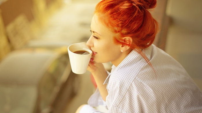 hair bun, girl, redhead, cup, coffee
