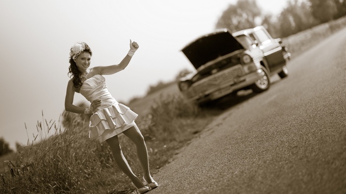 retro, road, girl, auto, stunner, automobile, posing, trees
