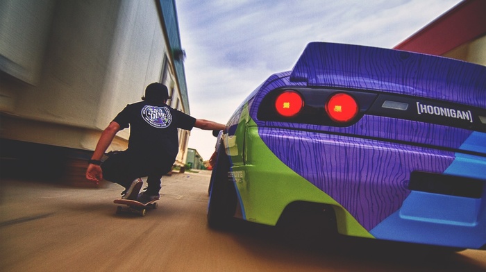 skateboard, car