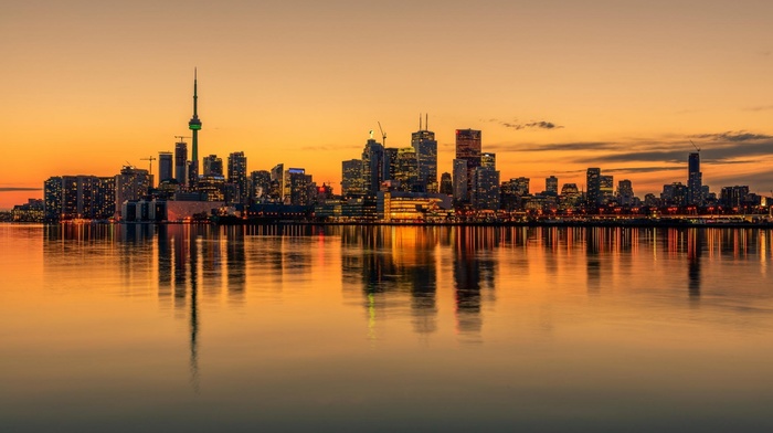 skyline, Canada, sunset, cityscape, reflection, water, Toronto