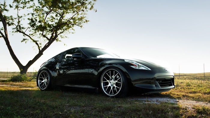 black, Nissan, field, tree, nature, cars, photo, sky, wheels