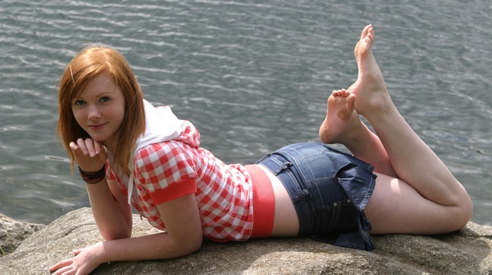 feet, simple background, redhead, girl, model