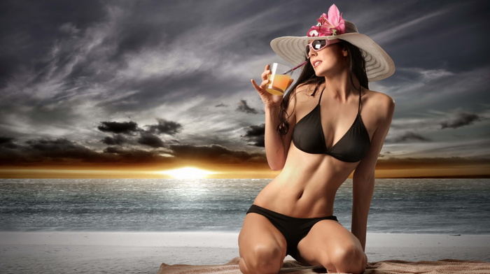 beach, figure, clouds, hat, sunset, Sun, girls, girl, sea, sky, flower, glasses, bikini