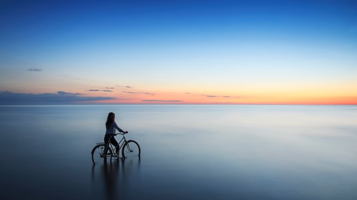 Latvia, sea, sunset, bicycle, girl outdoors