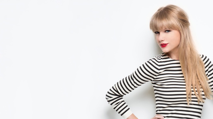 blonde, white background, singer, red lipstick, striped clothing, celebrity, hands on hips, Taylor Swift