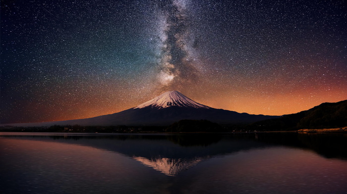 reflection, lake, night, volcano, stars, nature, beautiful
