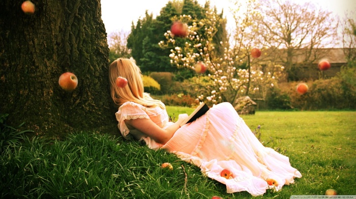 lying down, apples, white dress