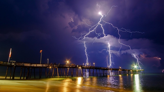 nature, lightning, pier