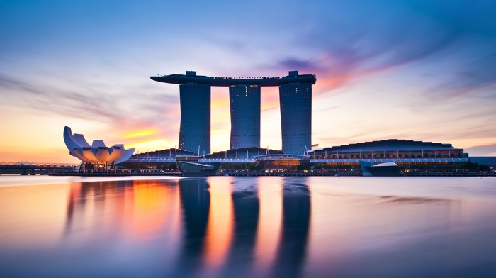 architecture, Marina Bay, Singapore, cityscape, sunset
