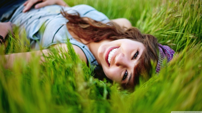 grass, lying down, girl, smiling