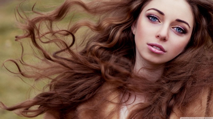 blue eyes, windy, curly hair, model, long hair