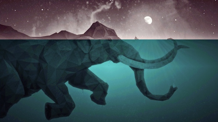 artwork, split view, sea, water, moon, low poly, elephants