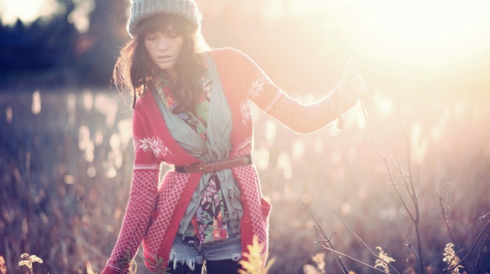 sunlight, woolly hat, girl outdoors, long hair, sweater
