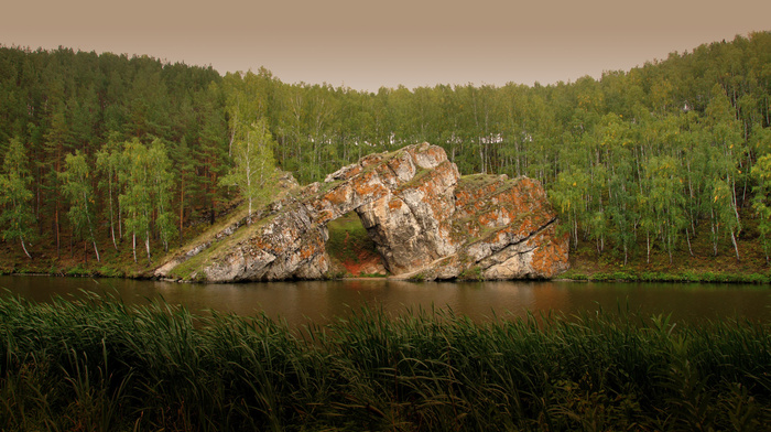 forest, beauty, sky, trees, lake, rock, nature
