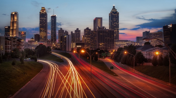 long exposure, building, light trails, cityscape, road, lights, highway