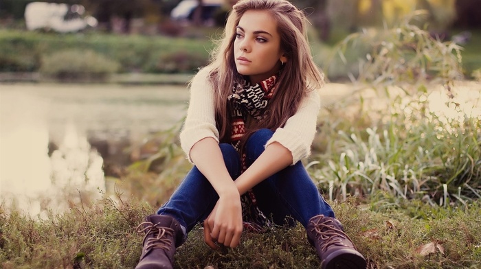 scarf, auburn hair, jeans, blonde, girl outdoors