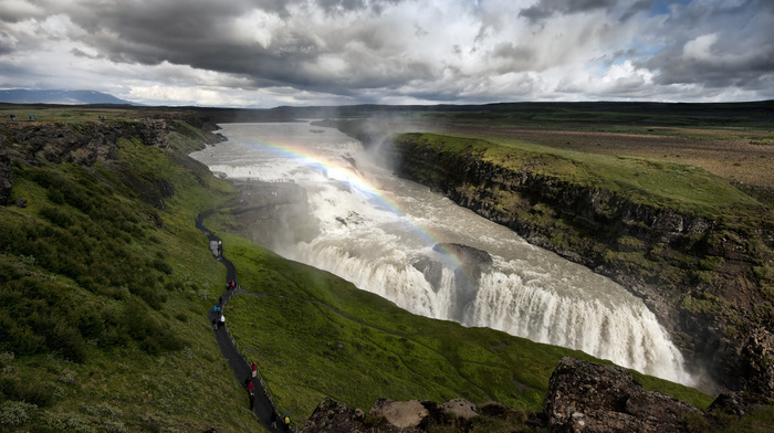mountain, Iceland, people, rainbow, nature, sky, waterfall