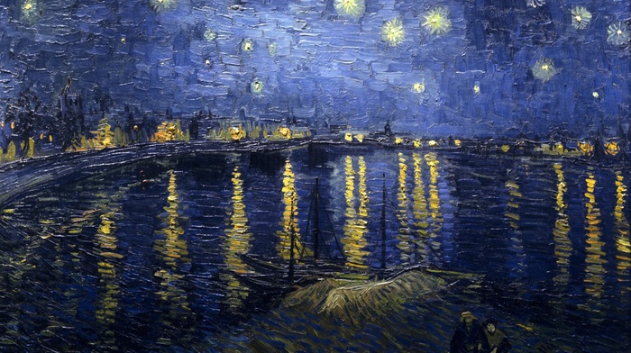 water, boat, classic art, reflection, stars, Vincent van Gogh
