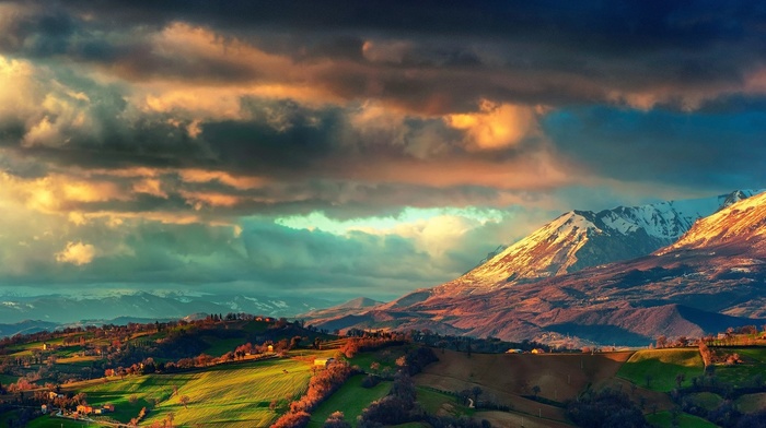 green, clouds, blue, hill, field, landscape, mountain, galaxy, orange, valley