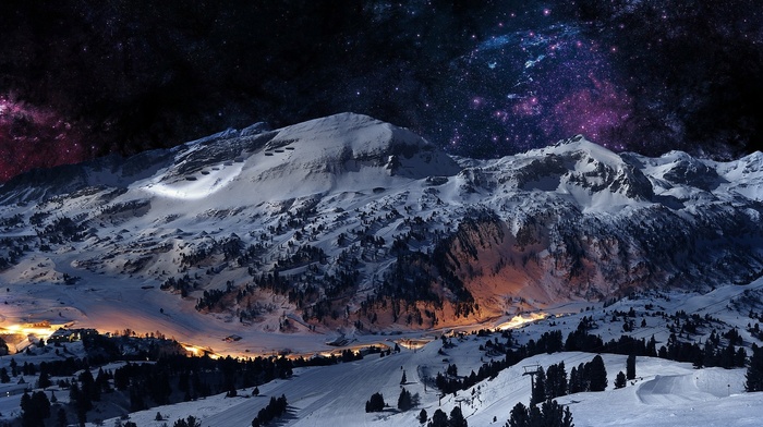 valley, blue, stars, landscape, purple, mountain, snow, space