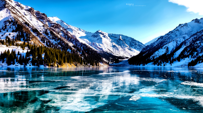 lake, mountain, snow, trees, ice, valley