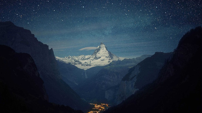 yellow, blue, mountain, stars, white