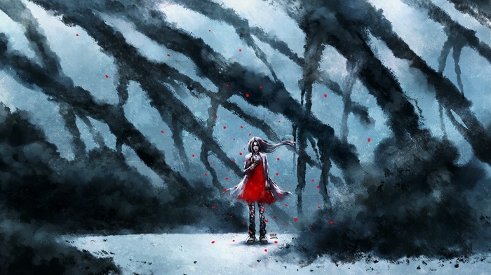 red dress, girl, smoke, artwork, NanFe