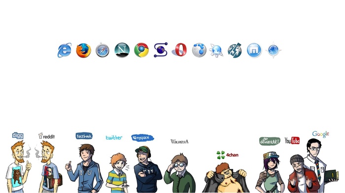 opera browser, MySpace, Wikipedia, Google, DeviantArt, Mozilla Firefox, YouTube, Facebook, Internet Explorer, 4chan, google chrome, reddit, Twitter