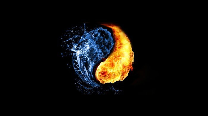 fire, water, abstract, Yin and Yang, black background