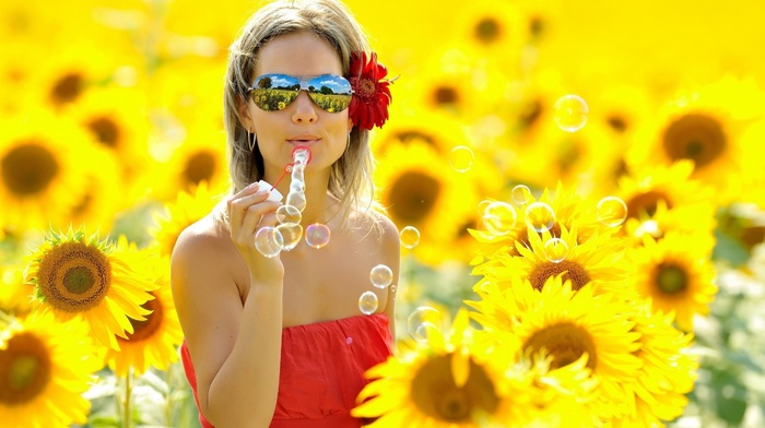 blonde, summer, bubbles, glasses, girl, nature, people, flower