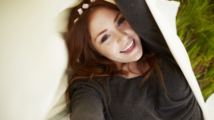 freckles, smiling, girl, redhead