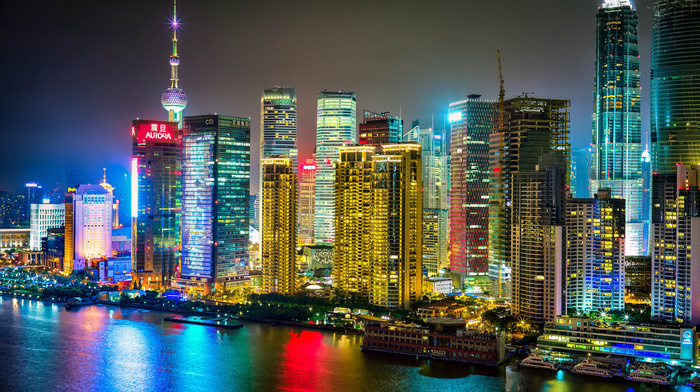China, lights, city, river, night, cities