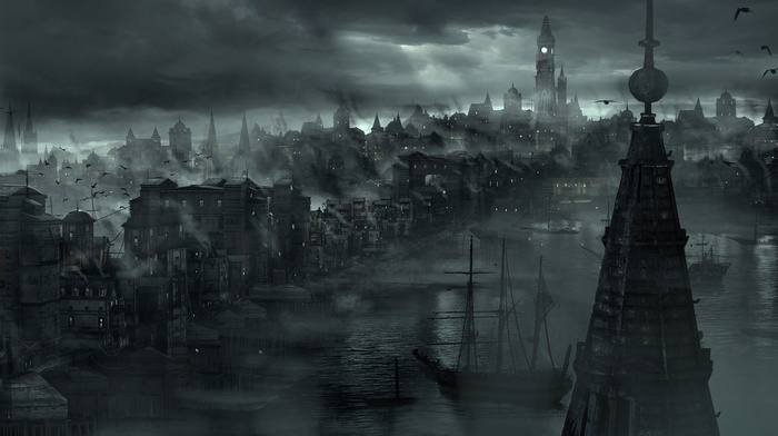 dark, boat, cityscape, mist, river, city
