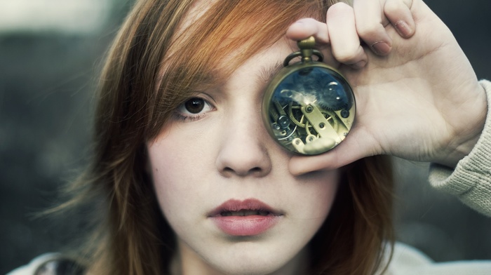 redhead, girl, face, clocks