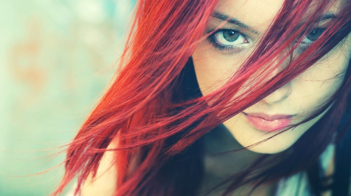 face, hair in face, redhead, girl