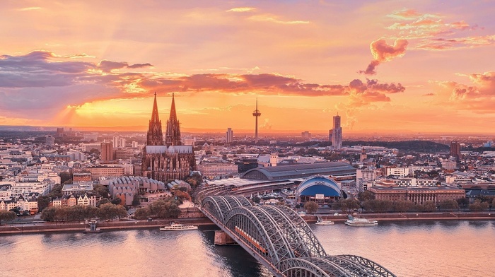bridge, river, sky, dawn, cities, Sun, beauty, Germany, city