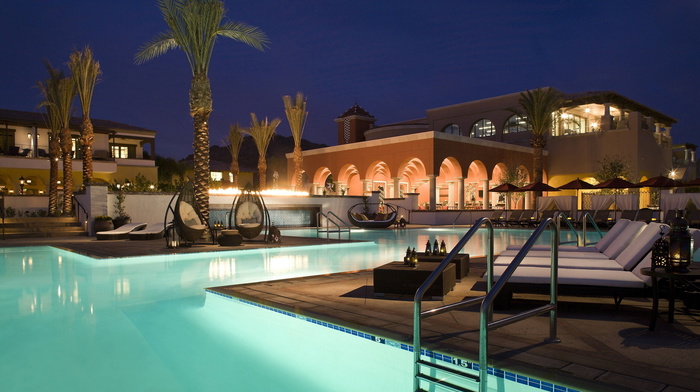 swimming pool, villa, evening, stunner, palm trees