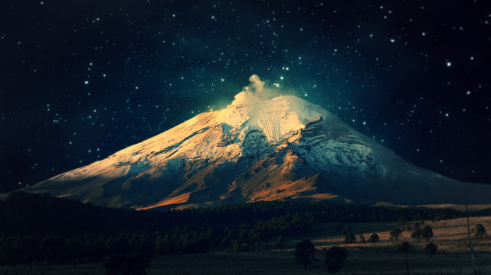 trees, space, mountain, Popocatepetl, landscape, winter