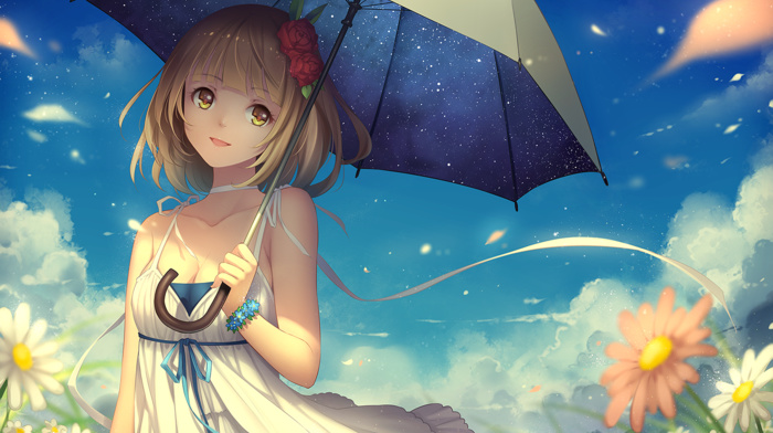 clouds, anime girls, umbrella, flowers, original characters