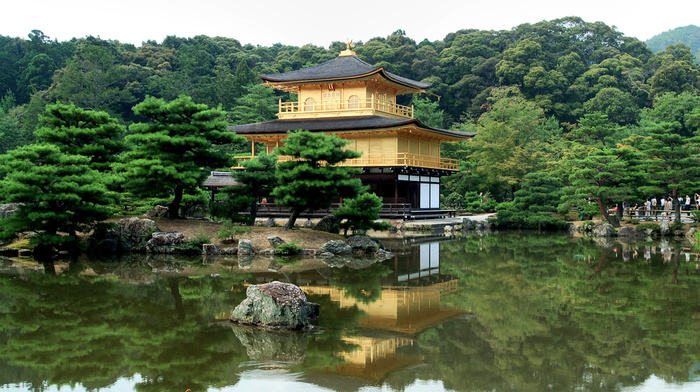 stone, lake, Japan, forest, nature, reflection