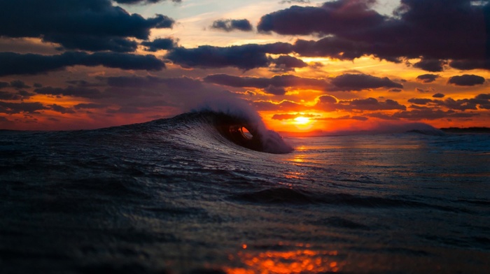 sunset, waves