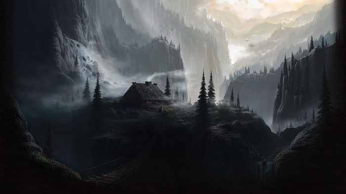 cabin, nature, mountain, mist
