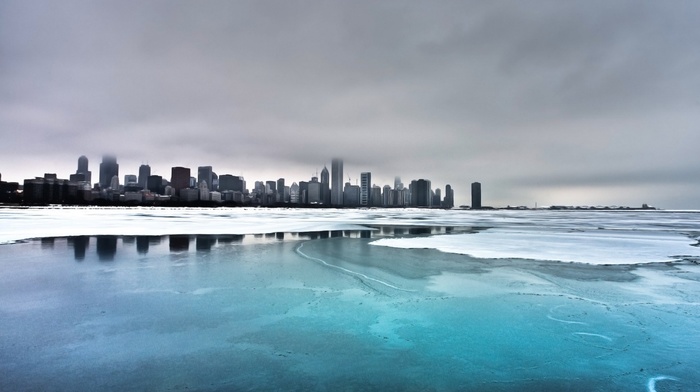 ice, cityscape, Chicago, clouds