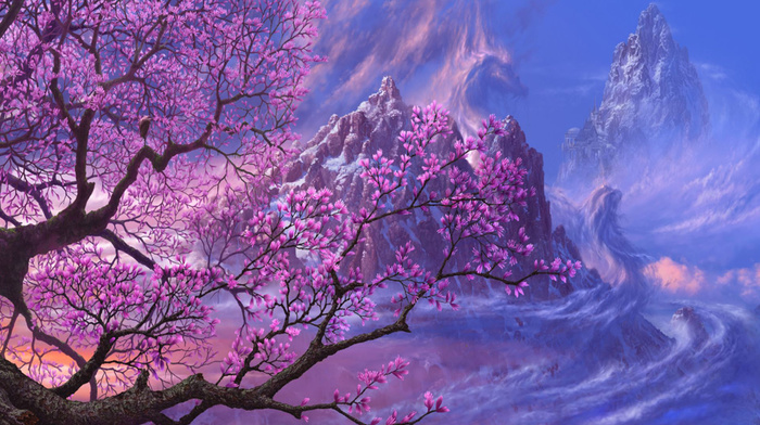 painting, stunner, sakura, fantasy, mountain
